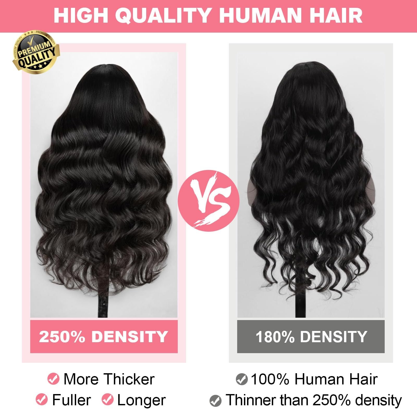 40″ 13×6 Body Wave Lace Front Wig, 250% Density, HD Glueless, Pre-Plucked, Natur