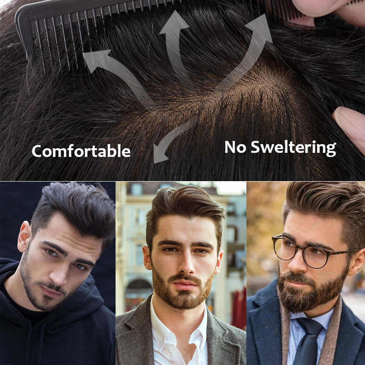Front Toupet Mens Toupee Human Hair Replacement System PU Base Poly Hairpiece US