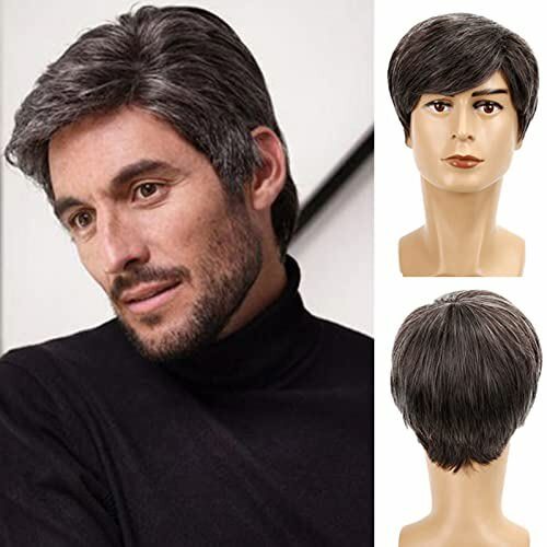 Short Black with Gray Men’s Wig Natural 100% Human Hair Wig for Male Natural Wig