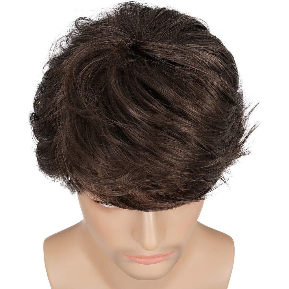 Men Brown Short Wigs Layered Natural Wavy Synthetic Hair Boys Male Wig Bangs USA