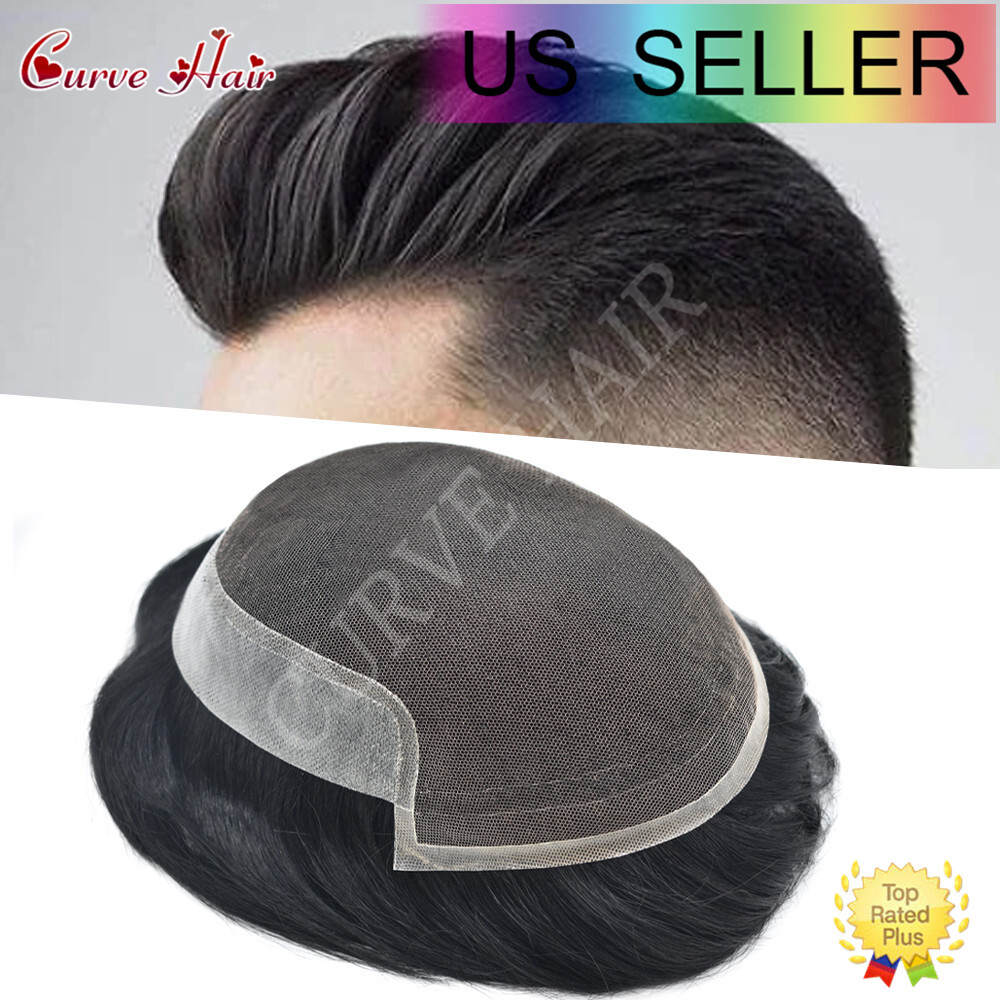 Mens Toupee Human Hair Replacement System French lace Front Thin Skin Hairpiece