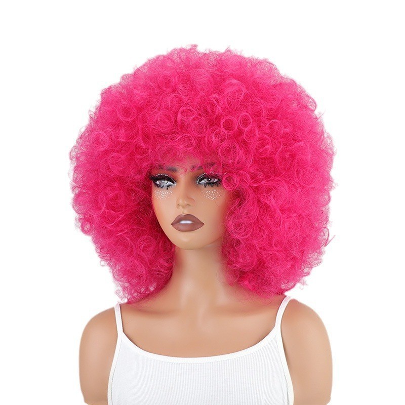 Hot Pink Afro Wigs for Black Women 70s Short Afro Kinky Curly Wig with Bangs Fl