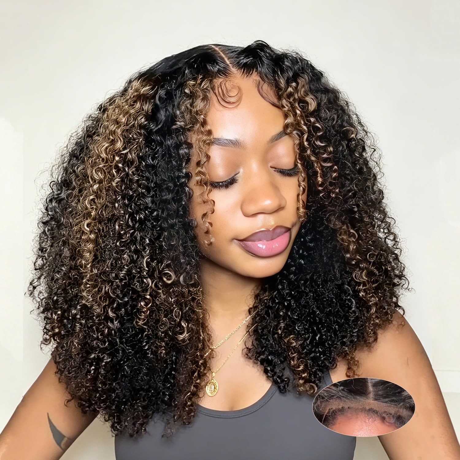 18-Inch Kinky Curly Glueless Human Hair Wig, HD Lace Front, Pre-Plucked, Drawstr