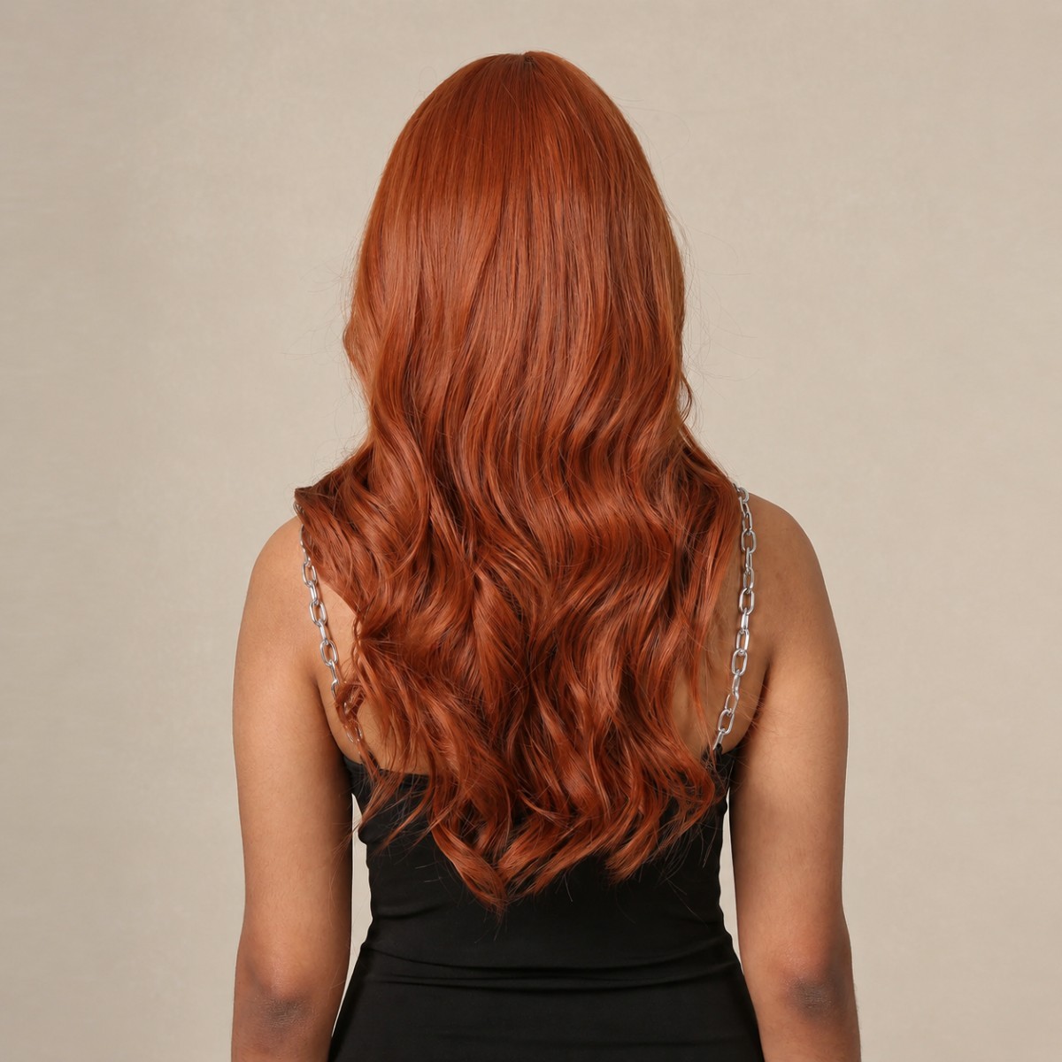 Layered Copper Red Long Wavy Heat Resistant Hair Dress Up Wig With Bangs Women