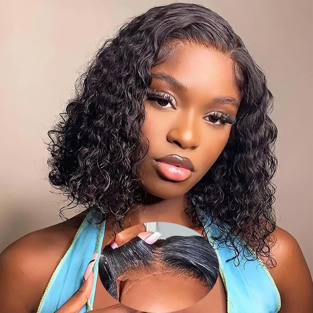 Curly Bob Wig Human Hair Water Wave 4×4 Lace Closure Glueless Wear and Go Bob…