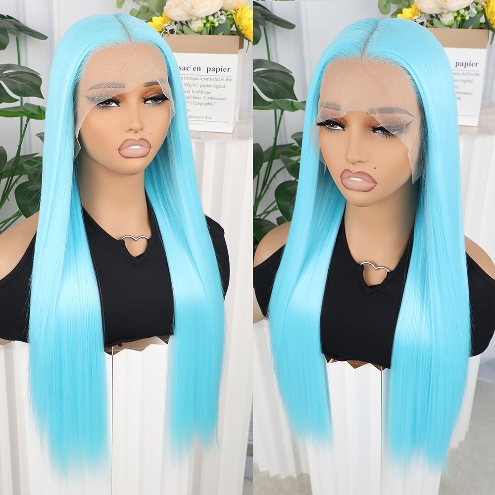 Light Blue Hair Lace Front Wigs Synthetic Pre Plucked Heat Resistant Women Party