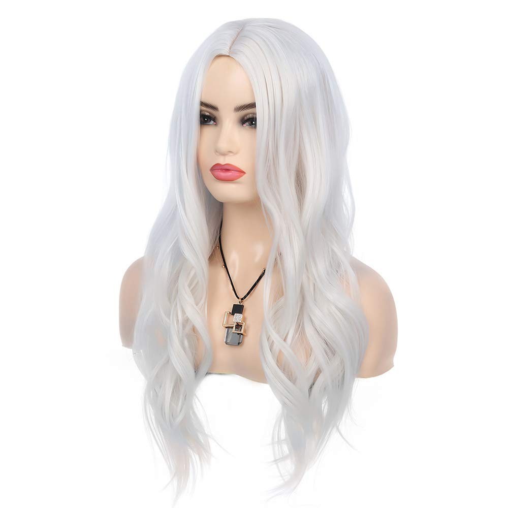 Long Curly Wavy White Wig Middle Part Cosplay Wig Synthetic Heat Resistant Co…