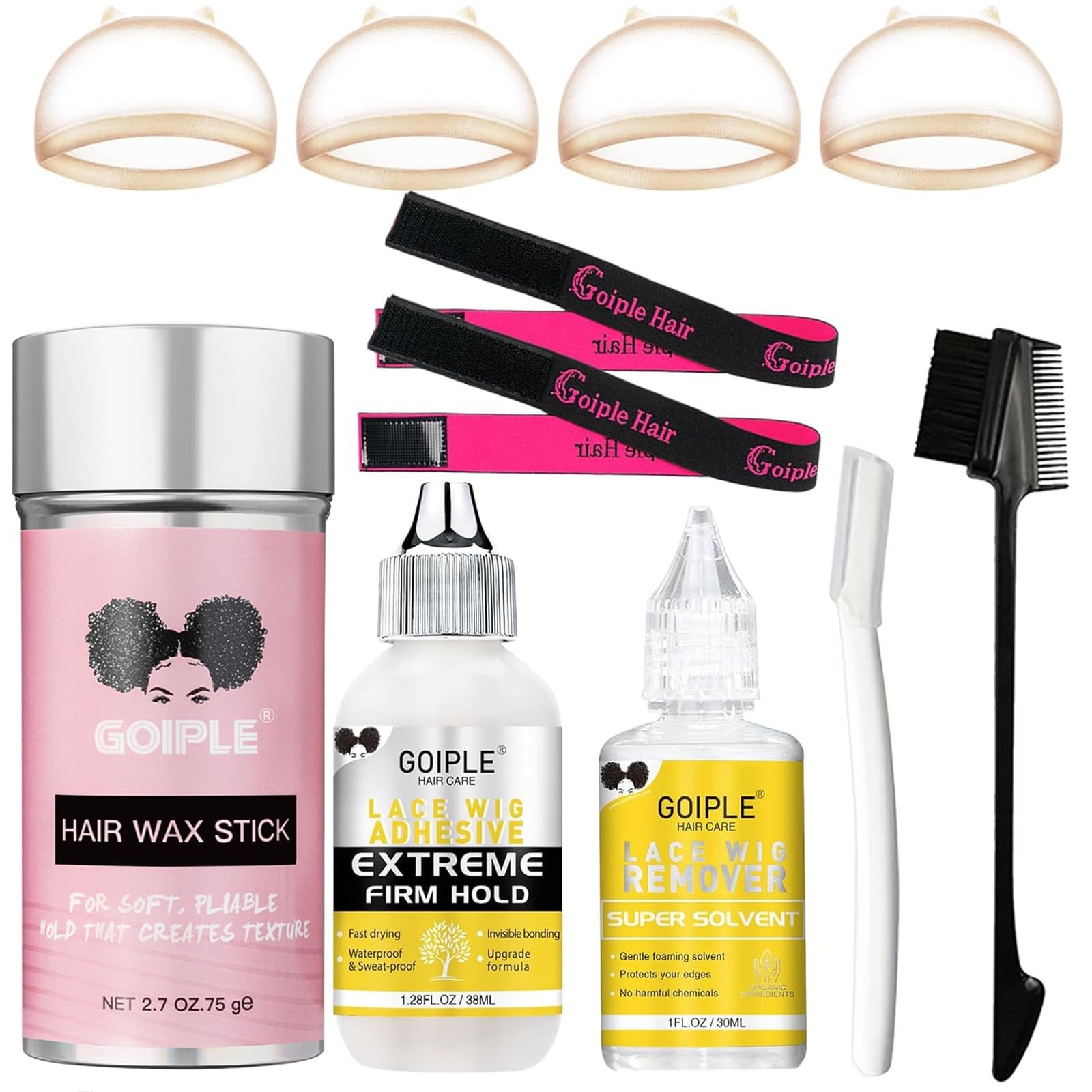 Lace Wig Adhesive Kit Strong Hold Glue, Remover, Wax Stick, Edge Band, HD Cap