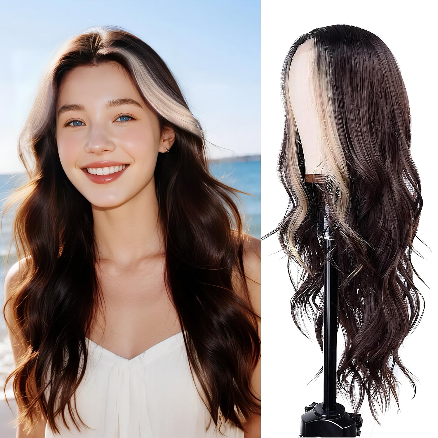 Brown Mixed Blonde Wig for Women 26 Inch Long Wavy Synthetic Wig with Middle …