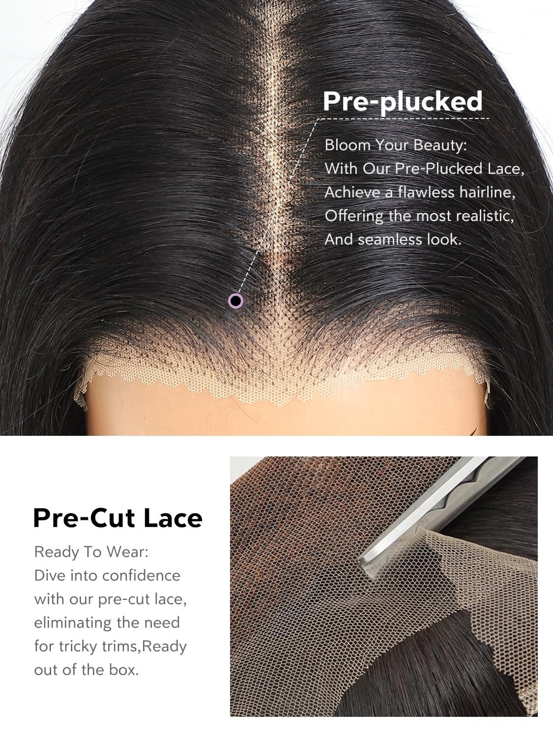 16″ Layered Glueless Wig, 200 Density HD Lace Front, Pre-Plucked Human Hair, Str