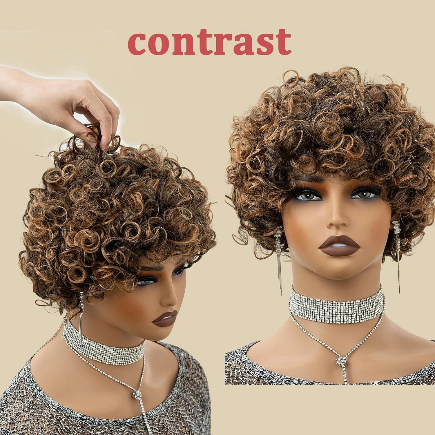 Short Curly Wig for Black Women Black Brown Highlight – Natural Afro Curls with