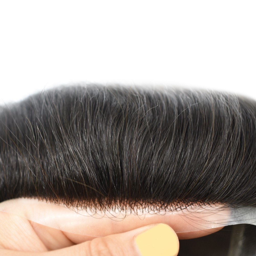 Durable Fine Mono Lace Mens Toupee Human Hair Piece Thin Skin PU Wig Hair System