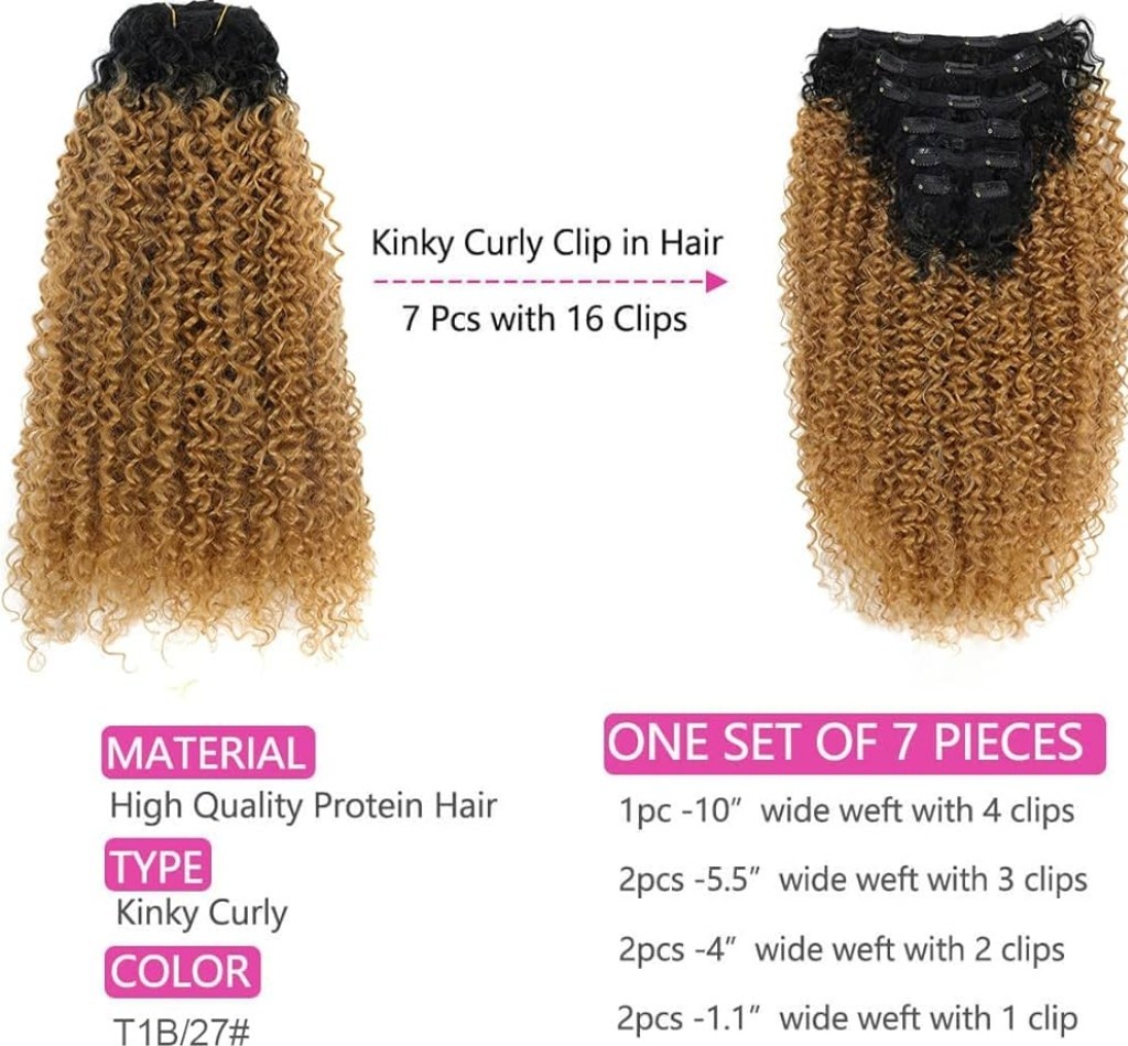 BHF 26″ Kinky Curly Clip-In Hair Extensions, Japanese Heat-Resistant T1B/27