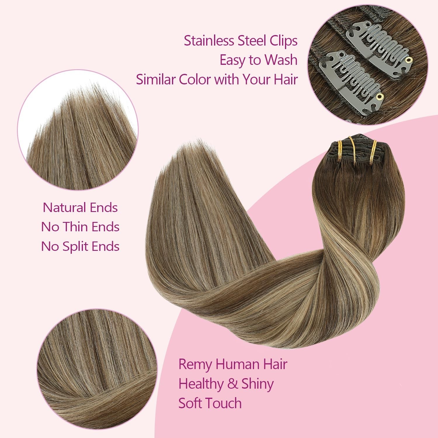 Clip-In Human Hair Extensions 20″ 120g Balayage #4/27/4 Chocolate Brown to Caram