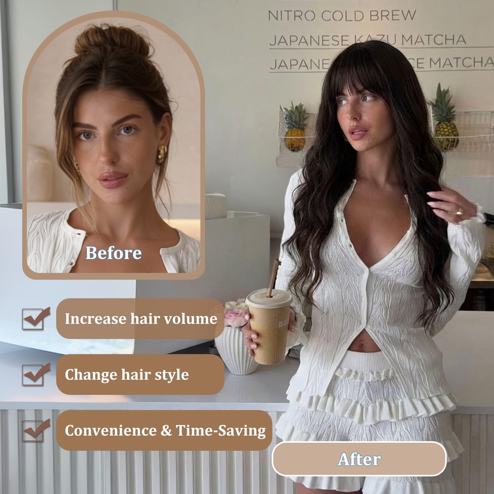 Brown Wig with Bangs for Women Long Brown Wavy Wigs 26 Inch Dark Brown Wigs N…