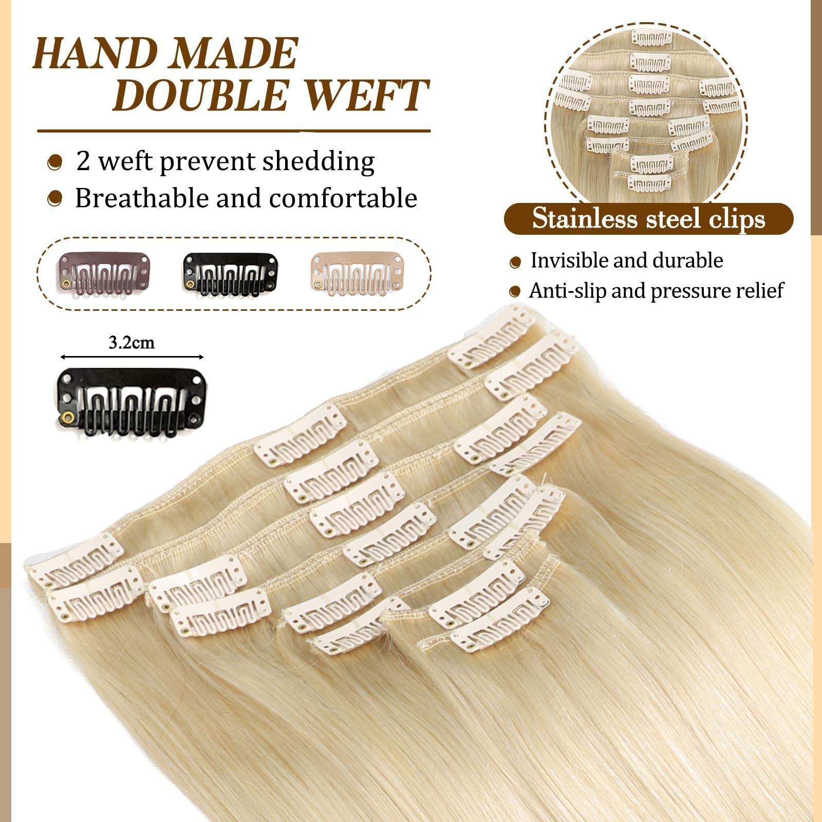 24″ 120g Clip-In Real Human Hair Extensions, Balayage Seamless Straight, 8Pcs