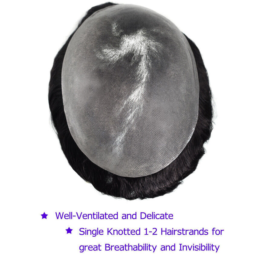 Thin Skin 0.1mm Invisible Full Poly Mens Toupee Hairpiece Human Hair US