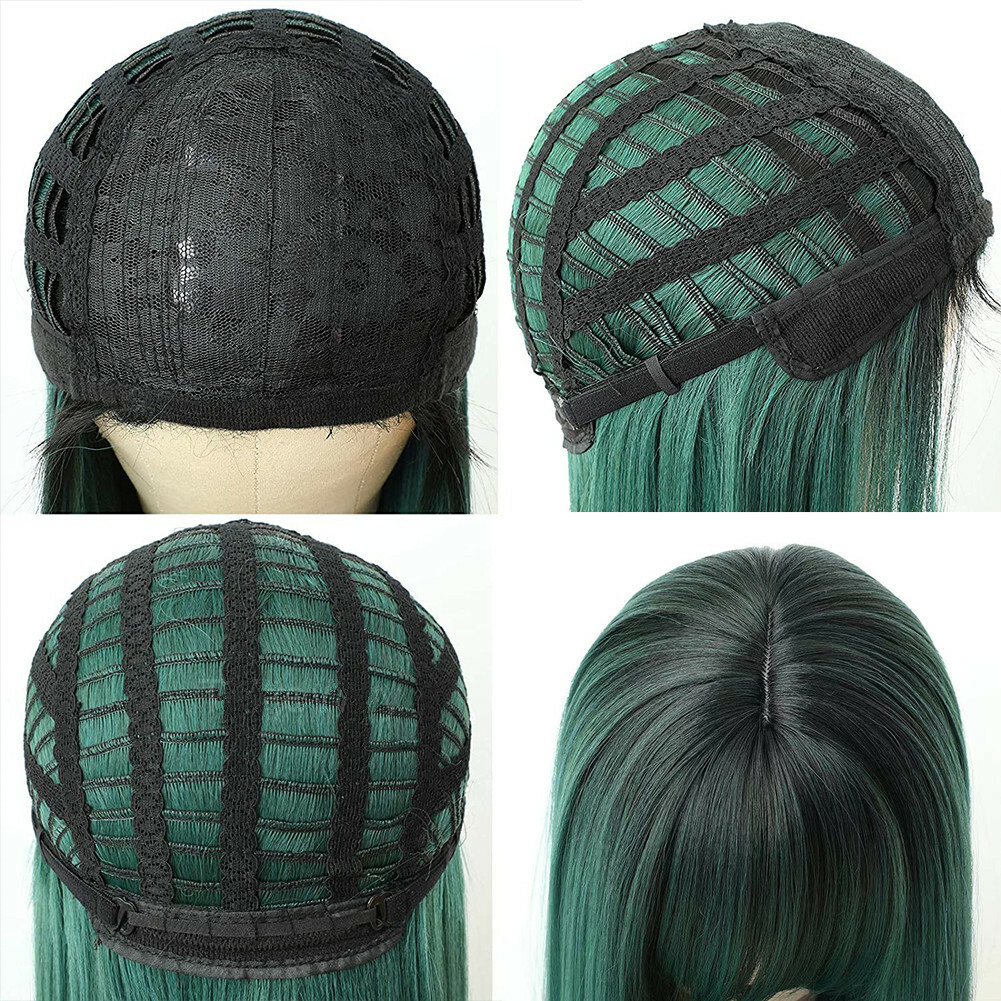 Ombre Green Wigs Full Neat Bangs Long Straight Women Synthetic Fiber Hair Party