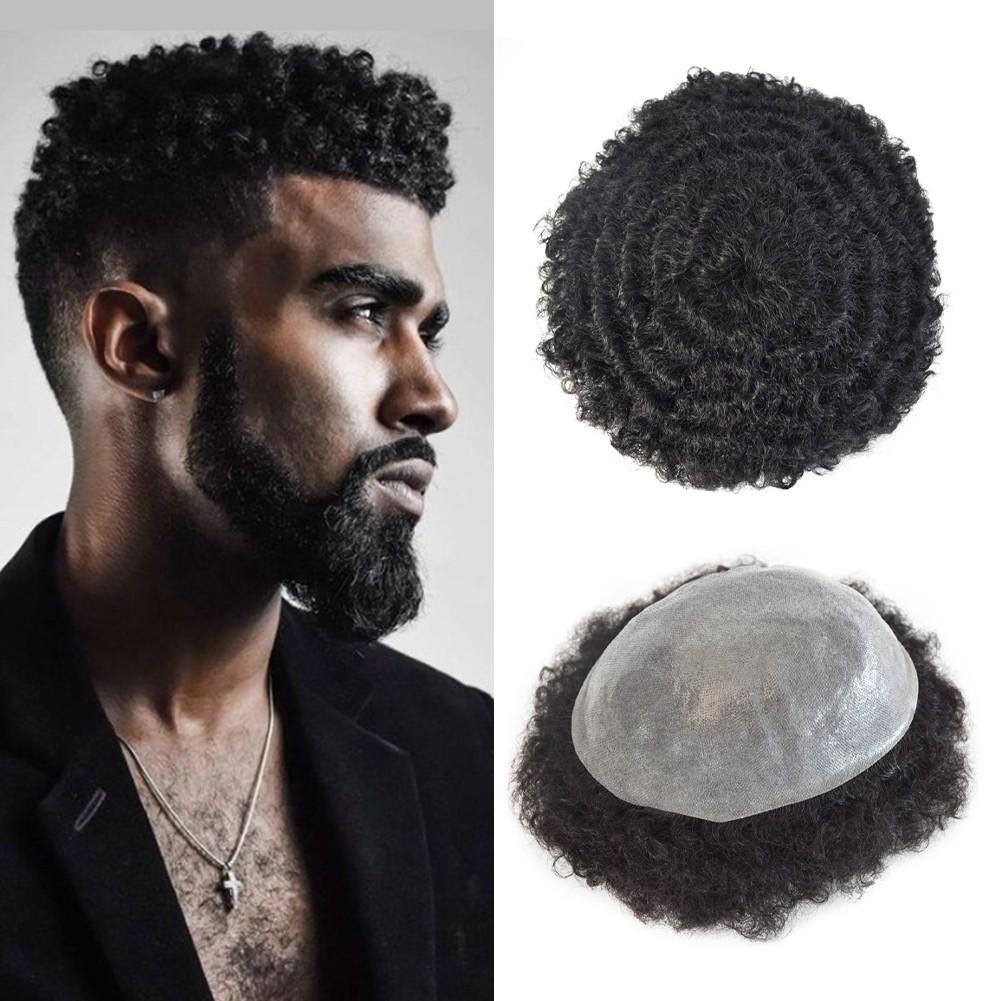 Hair Units for Black Men Thin Skin Afro Curly African American Toupee Hairpieces