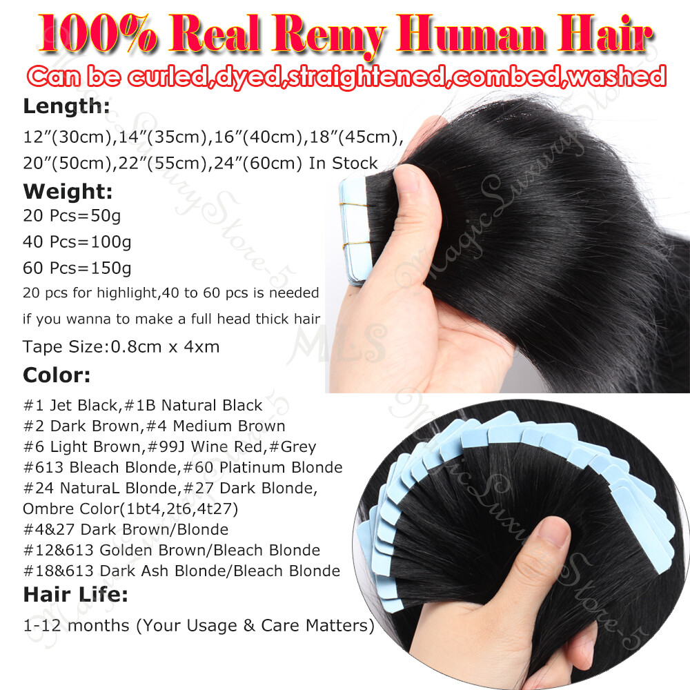 10-80pcs Skin Weft Tape in Double Side Invisible Seamless Human Hair Extensions