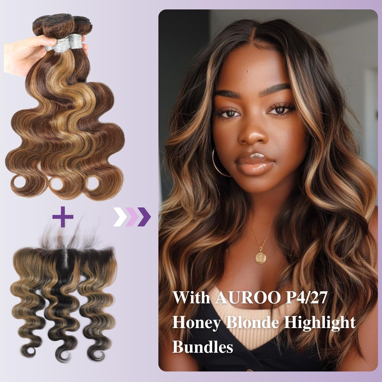 Auroo 13X4 Honey Blonde Highlight Frontal Closure Only Human Hair Body Wave 12A