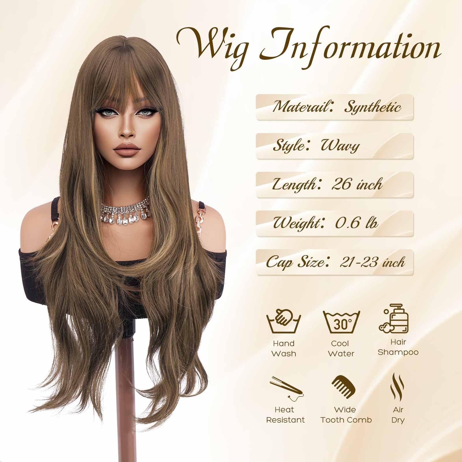 Blonde Brown Wigs with Bangs – Long Layered Natural Looking Synthetic Heat Re…
