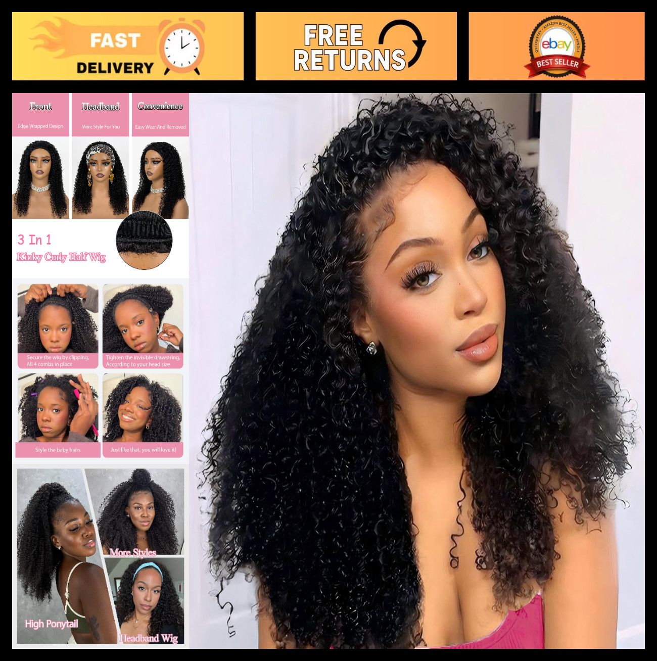 Kinky Curly Half Wig Human Hair 20″ Glueless Wig for Black Women – Natural Look