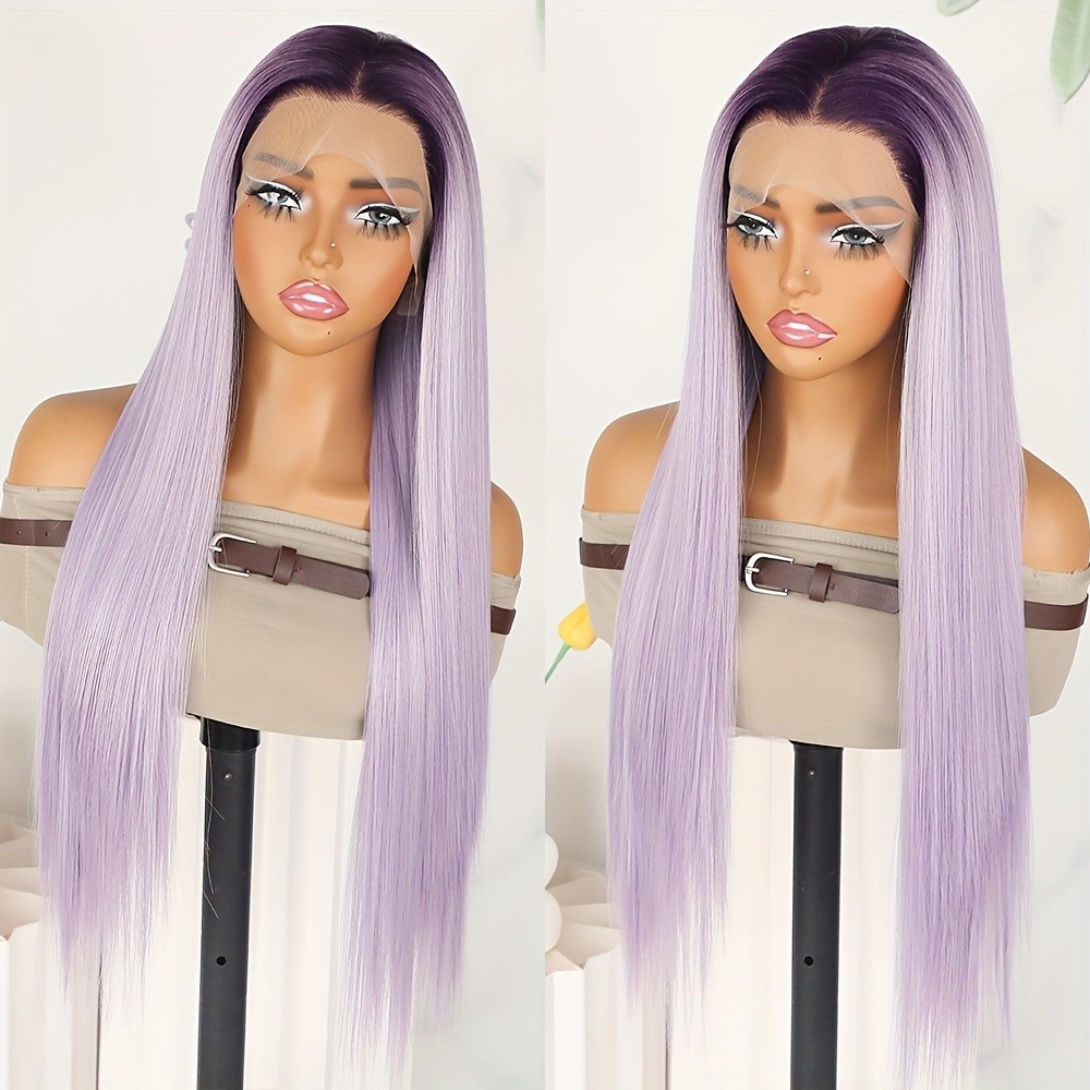 Ombre Purple Long Straight Hair Glueless Lace Front Wigs Free Part Women Party