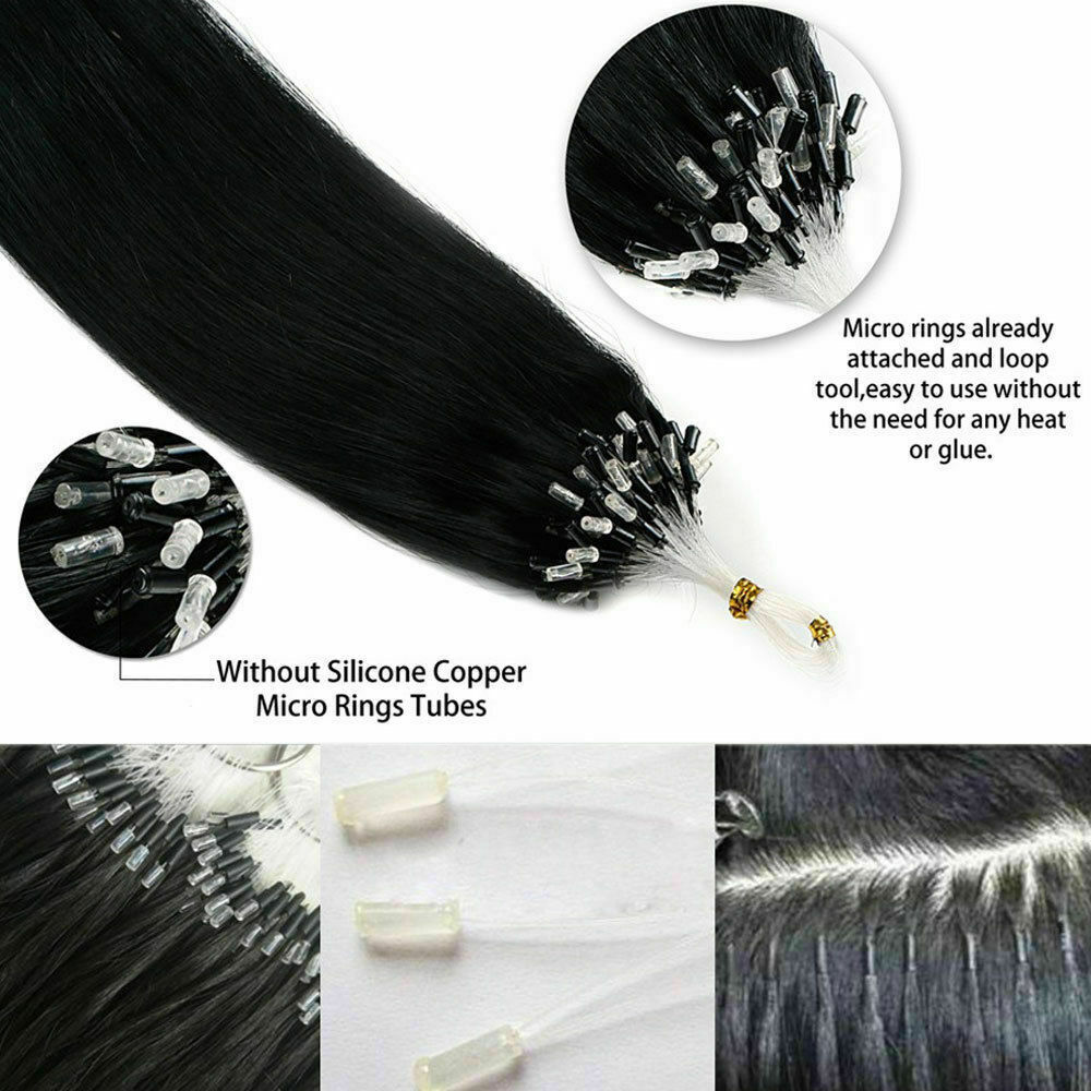 Fish Line Loop Micro Ring Beads Link Indian Remy Human Hair Extensions Straight
