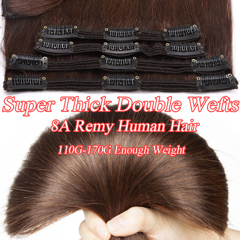 US Double Weft Clip In Real Remy Human Hair Extensions Full Head highlight Thick
