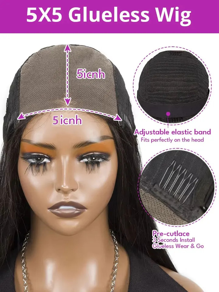 Kinky Straight Human Hair Wig 5×5 Transparent Lace Front 250 Density Remy