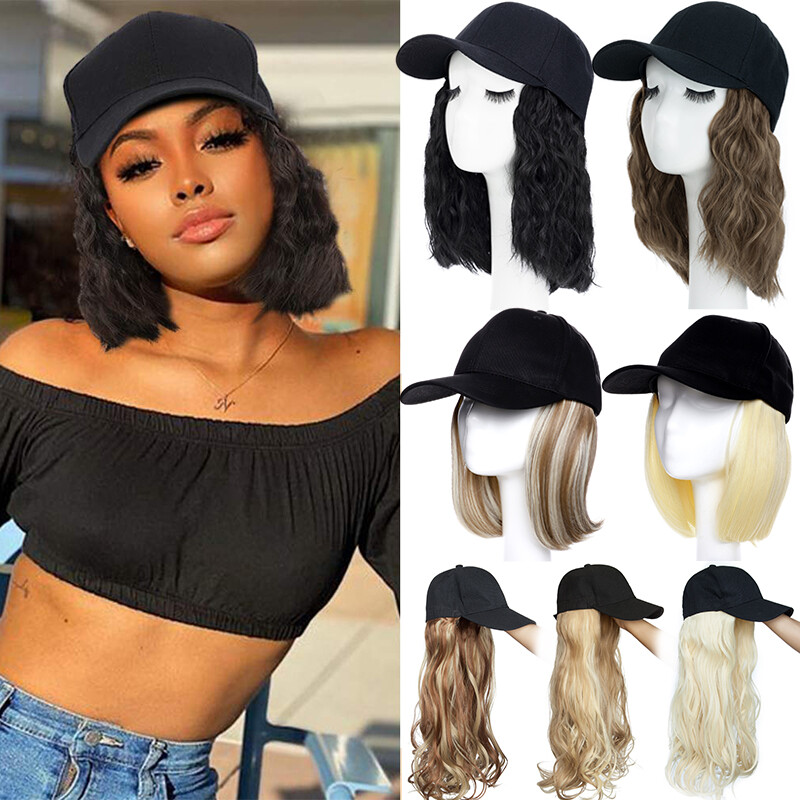 Baseball Hat Cap with Fake Hair Soft Long Wavy Hair Wigs Caps for Women 6″-18″