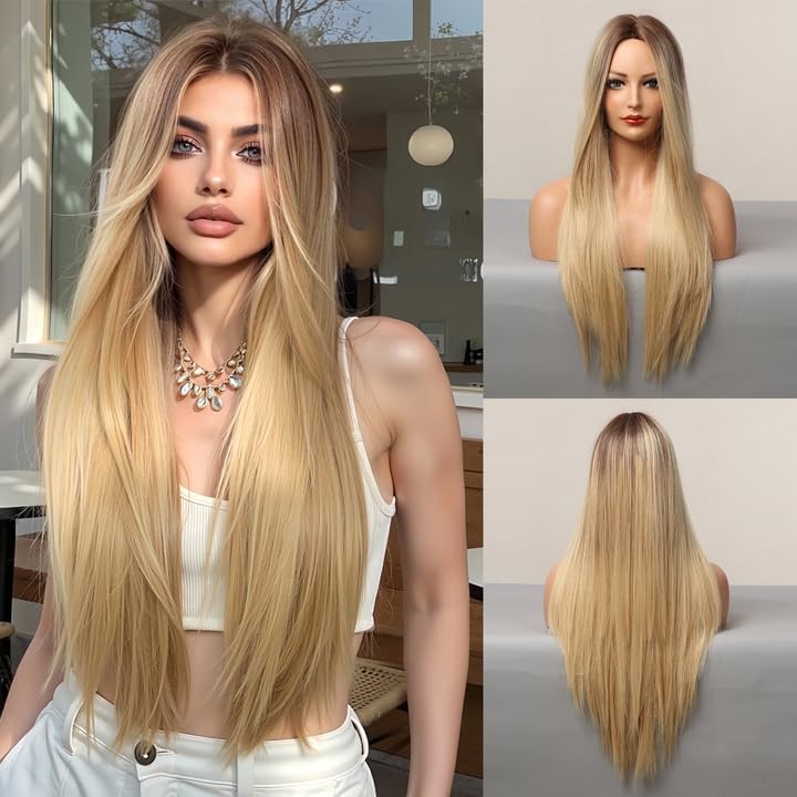 Long Blonde Wig Ombre Wigs for White Women Synthetic Wig Straight Hair Replac…