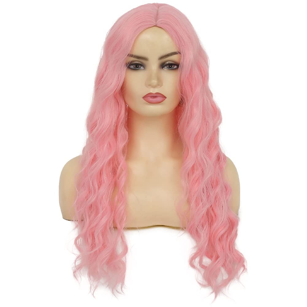 Pink Curly Long Wigs for Women Wavy Wig Middle Parting Hair Natural Looking S…