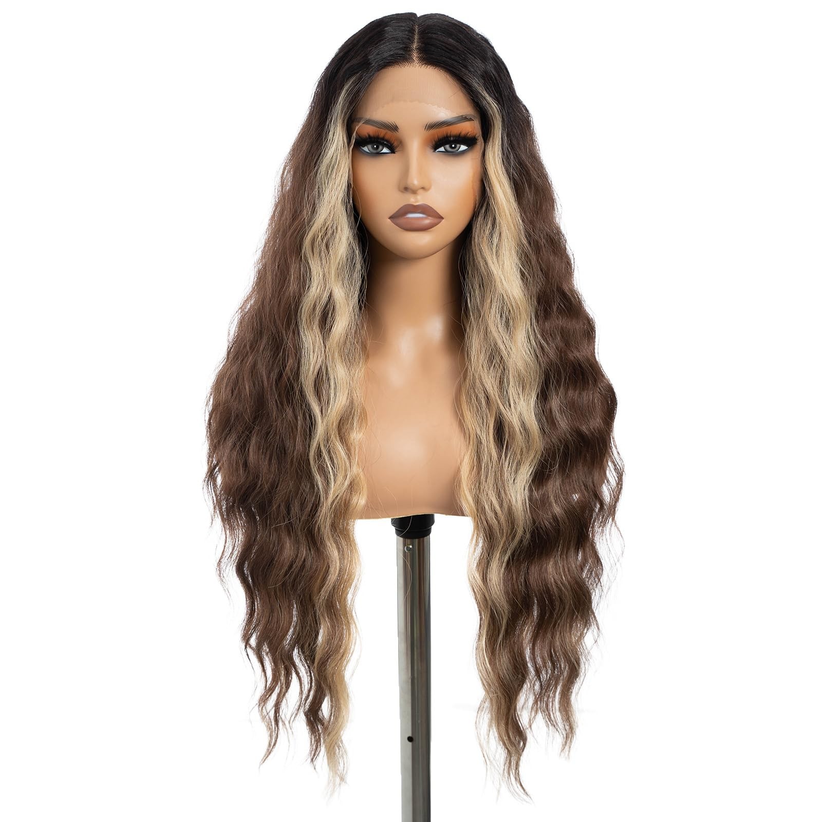 30 Inches Skunk Stripe Brown Blonde Water Wave 13x6x0.5 Lace Front Wigs Long …