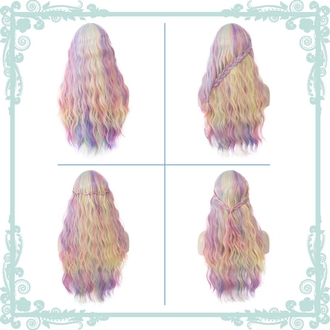 Women’s Multi Color Rainbow Wig 27 Inches Long Curly Wavy Hair Wig Heat Resis…