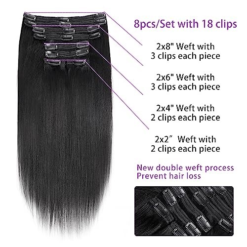 12″ Yaki Straight Clip-In Human Hair Extensions – 120g, 18 Clips, Low Shine, #1B