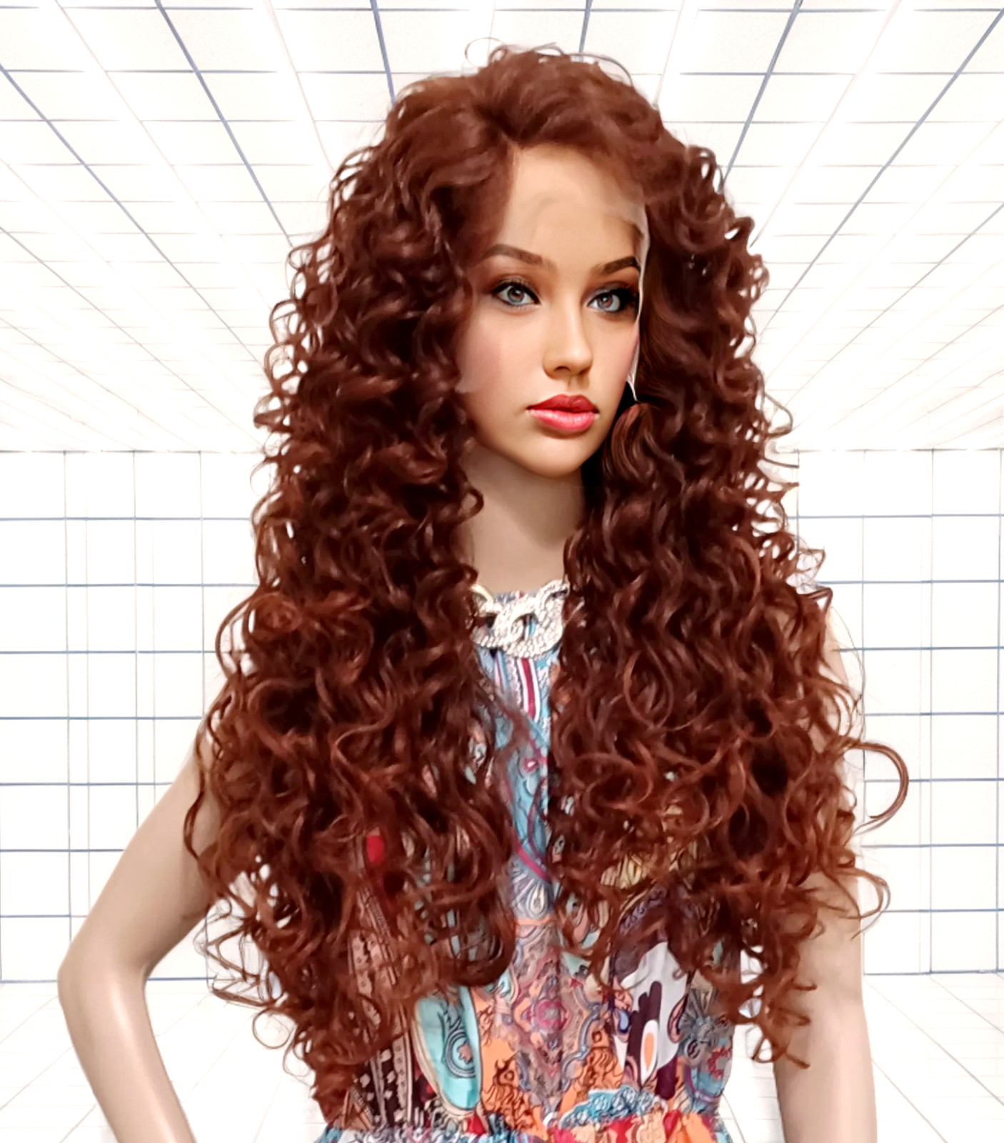 34″ LACE FRONT WIG LONG CURLY LAYERED RED AUBURN #T33.130 HEAT OK