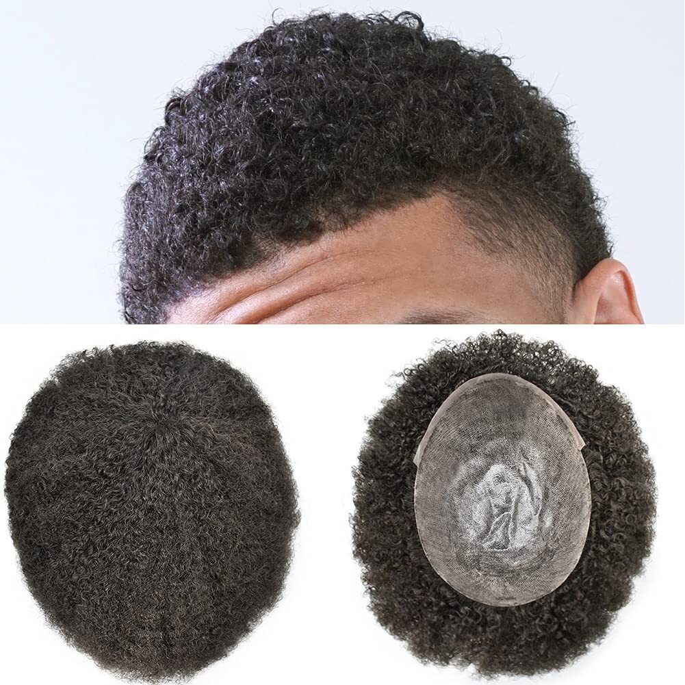 Afro Curly Mens Toupee Full Poly Skin PU Hair System Replacements for Black Men