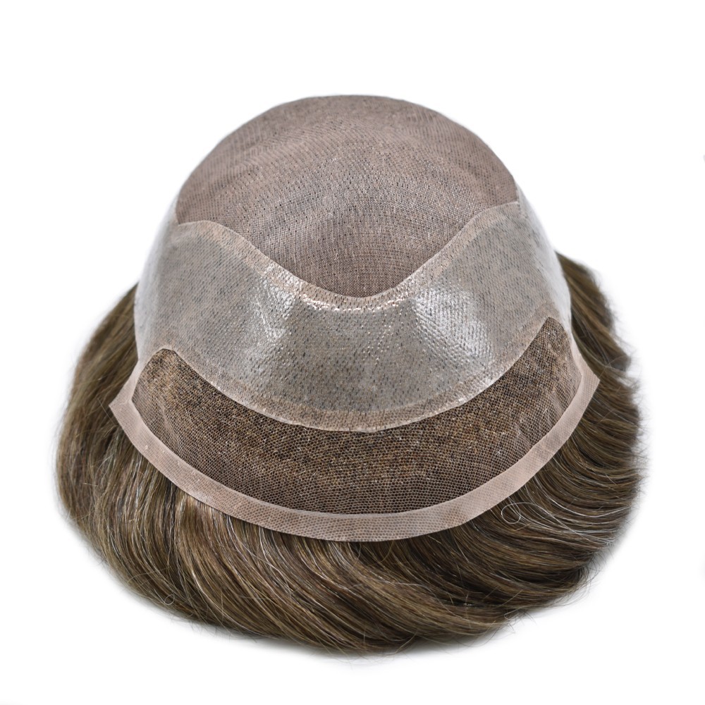 Mens Toupee French Lace Front Hair Piece System Fine Mono Poly Skin Wig for Men