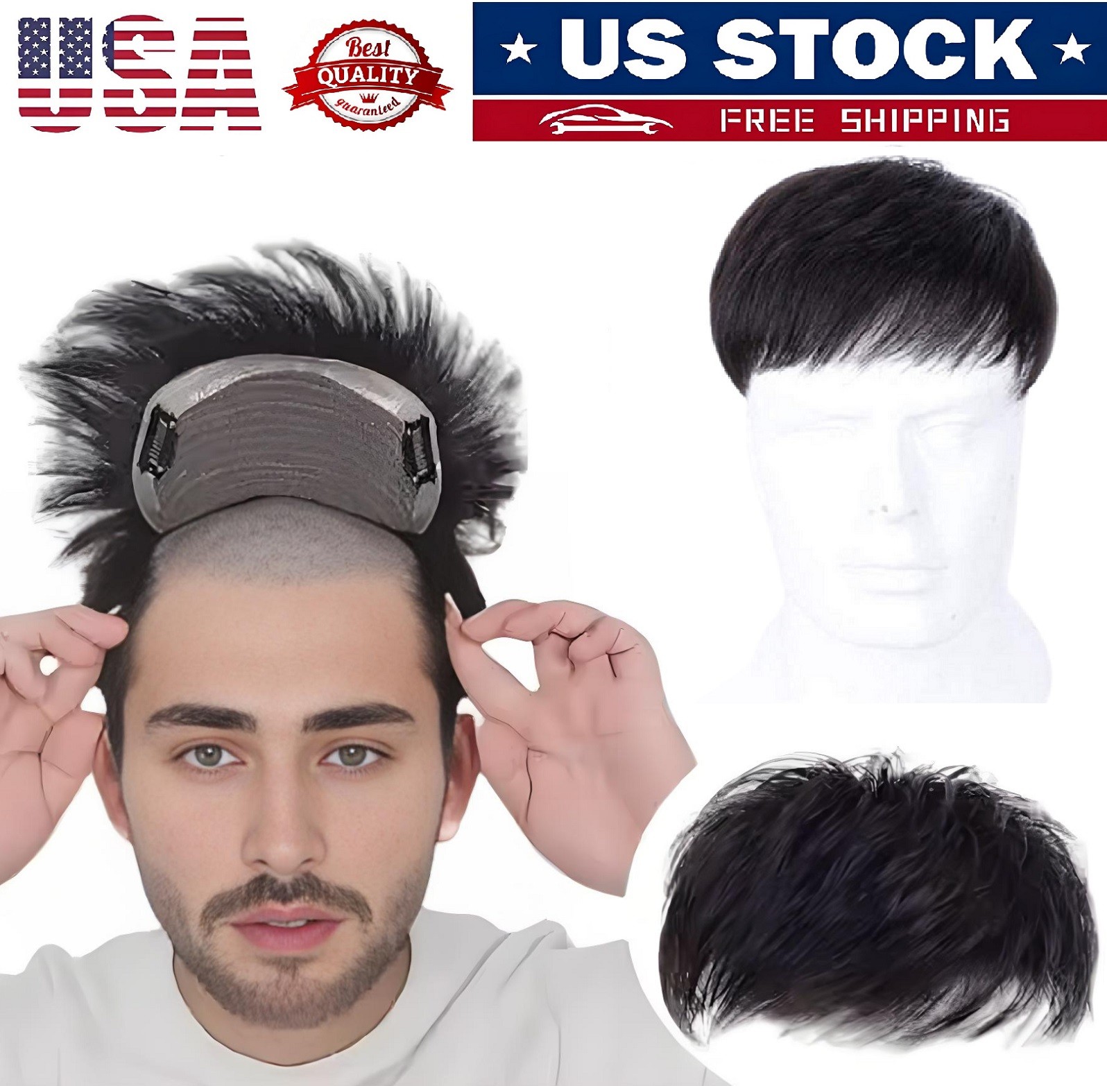 Men’s Straight Short Black Wigs Hair Pieces Short Wig w/ Bangs Clip-On Daily USA
