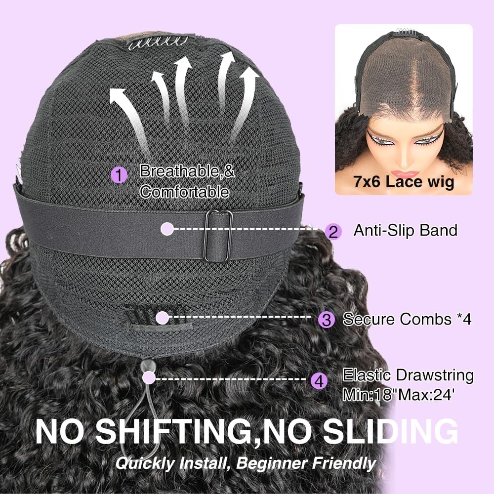 7×6 Curly Glueless Wig Human Hair, Pre-Plucked, 250% Density, HD Lace, 16in