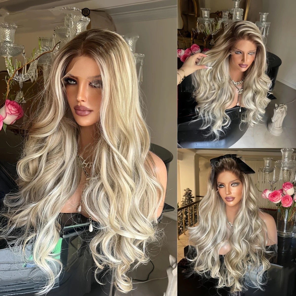Highlight Grey Coral Gold Ash Blonde 100% Human Hair 13×4 Lace Front Wig