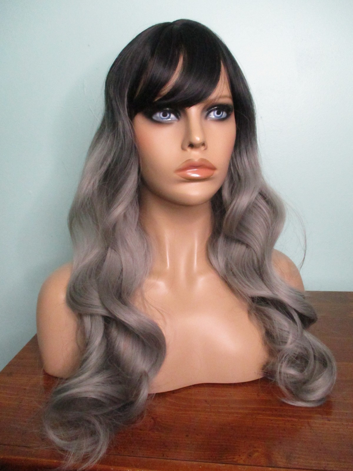 30″ violet gray and black ombre long wavy WIG – NEW – swept bangs