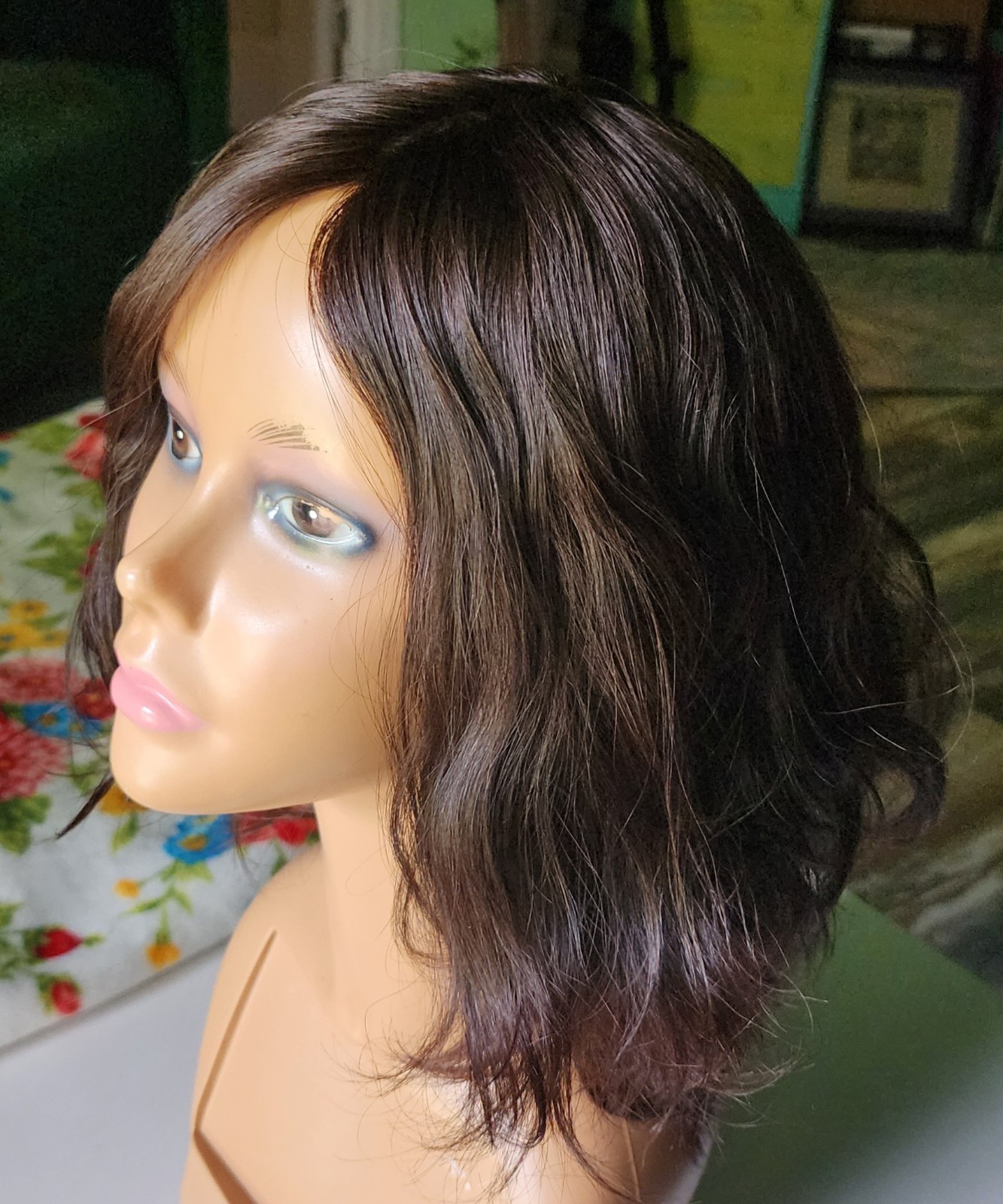 Dark Brown Wavy Layered Human Hair Wig 16 inches Medium Cap, Mono Part