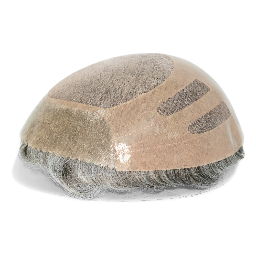 Mens Human Hair Replacement Systems Fine Mono Toupee Bond Grey Hairpieces #365
