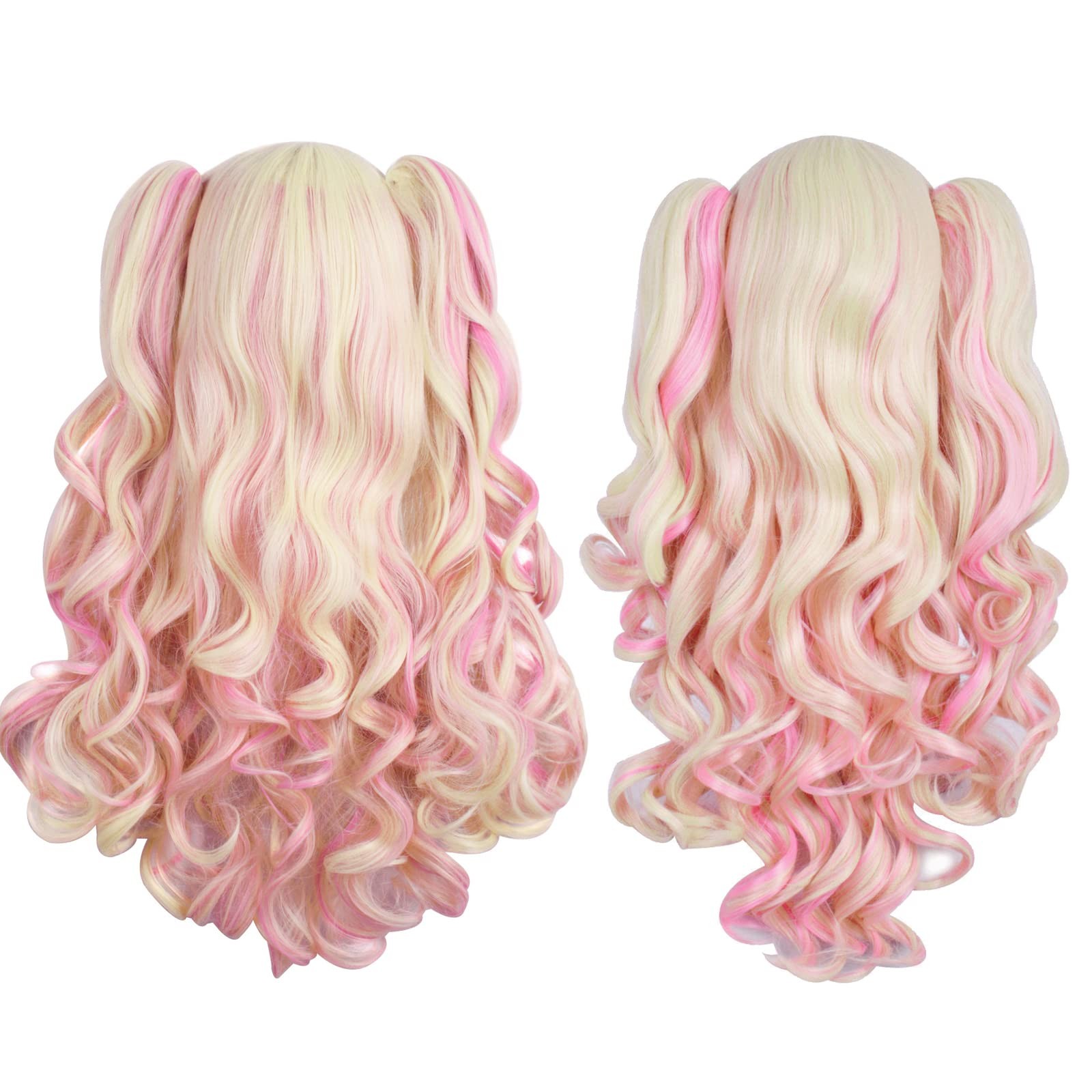 MapofBeauty Multi-color Long Curly Clip on Ponytails Cosplay Wig (Blonde/Pink)
