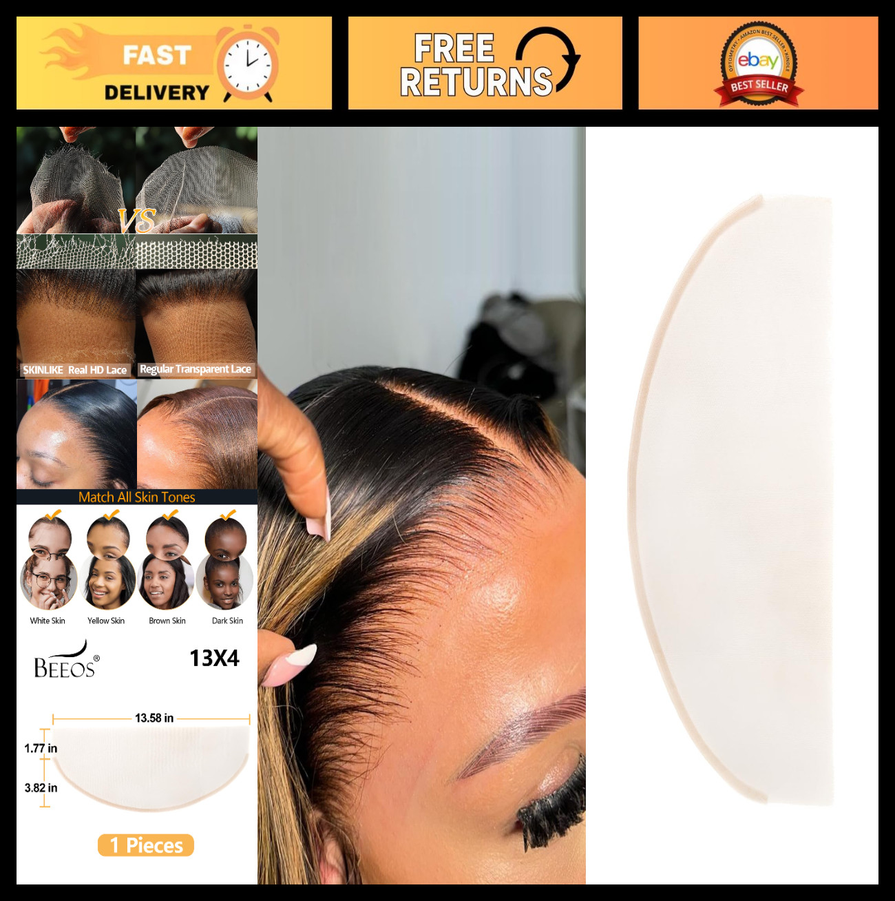 Ultra-Thin 0.1mm HD Lace for Wig Making – 13×4 Swiss Lace Net Base, 1 Piece
