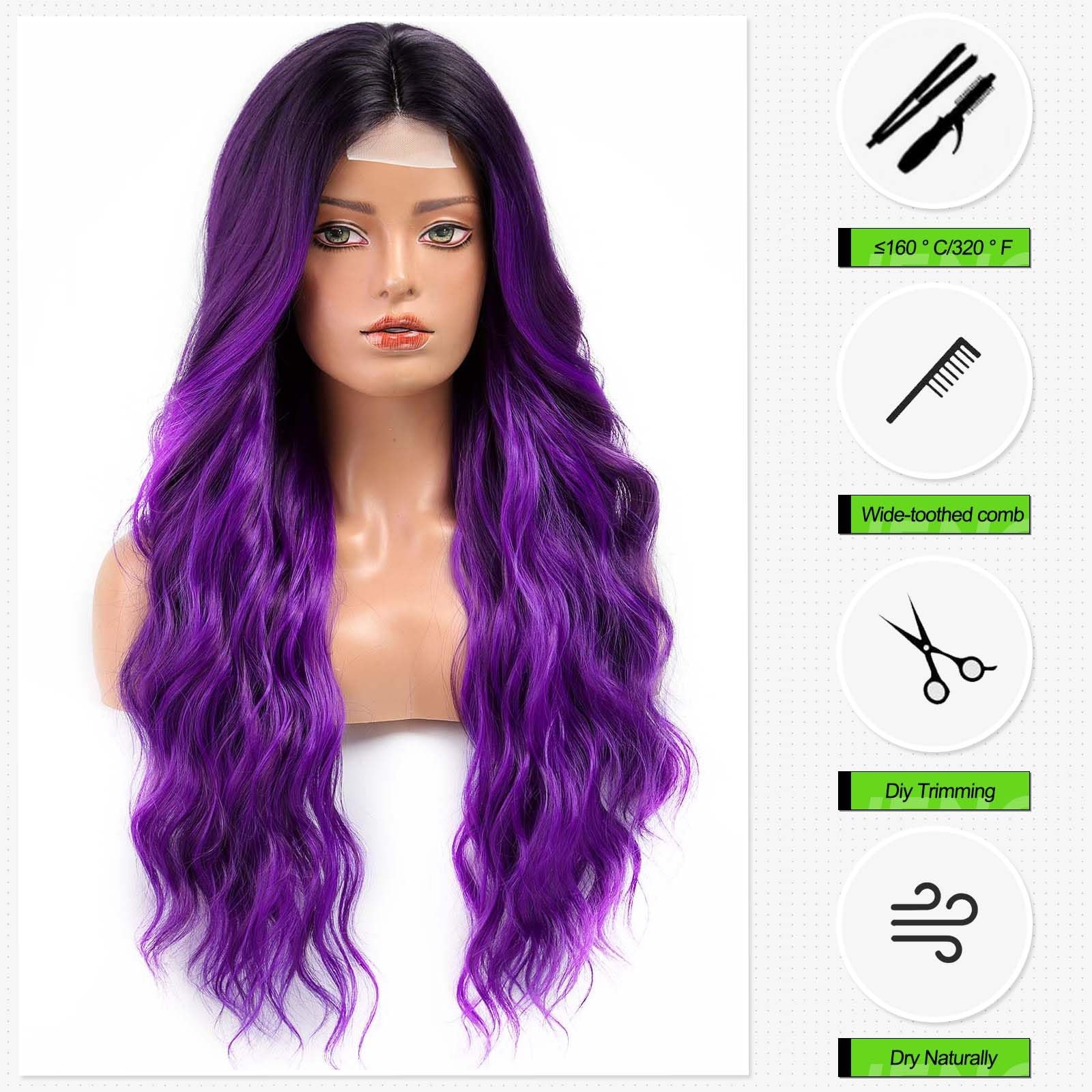Long Ombre Purple Wavy Wig for Women 26 Inch Middle Part Curly Wig Natural Lo…