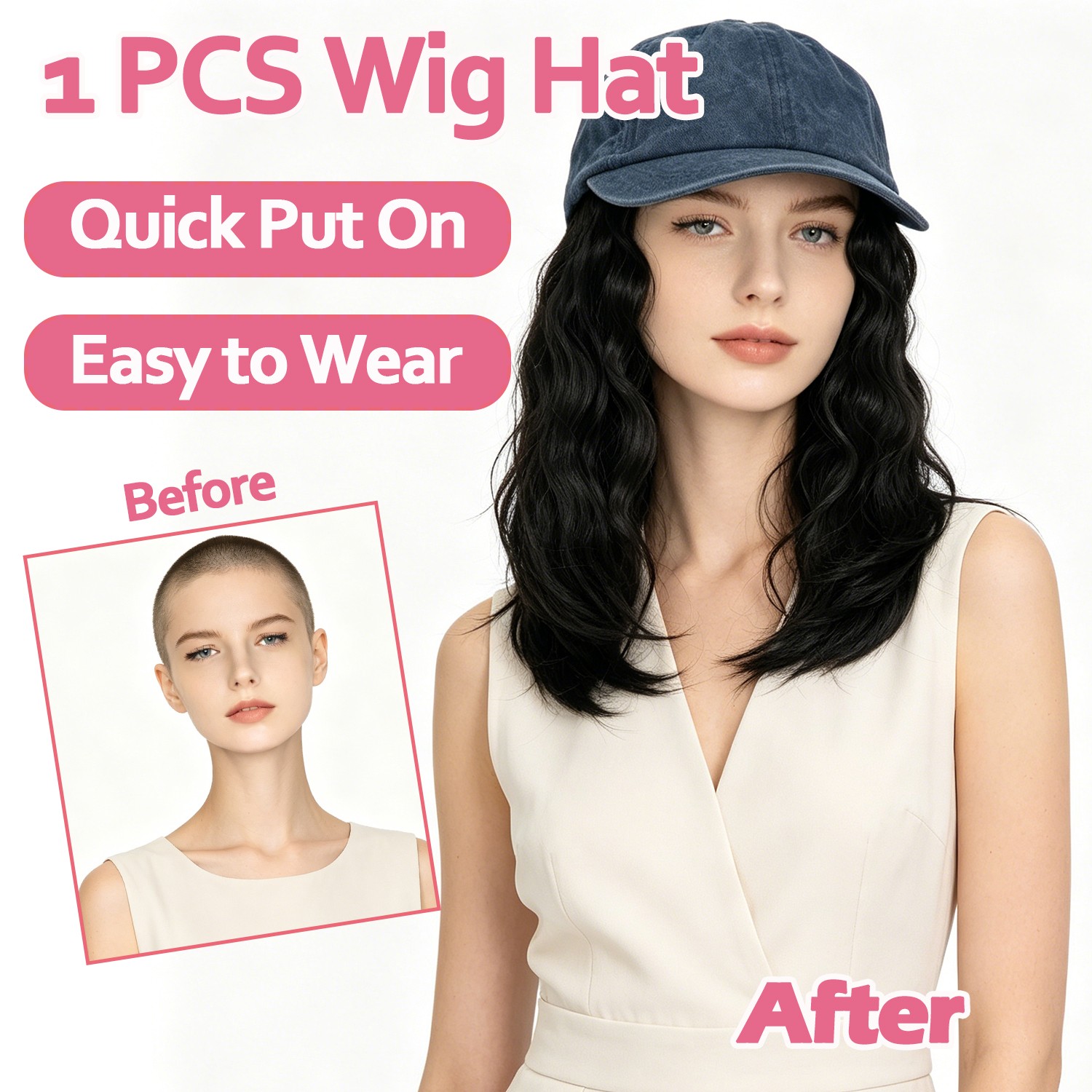 8in Cap with Hair Attached For Women Wig Hat with Hair Short Bob Style Synthetic